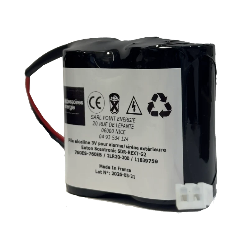 Pile alcaline 3V pour alarme/sirène extérieure Eaton Scantronic SDR-REXT-G2 760ES-760EB / 2LR20-300 / 11839759