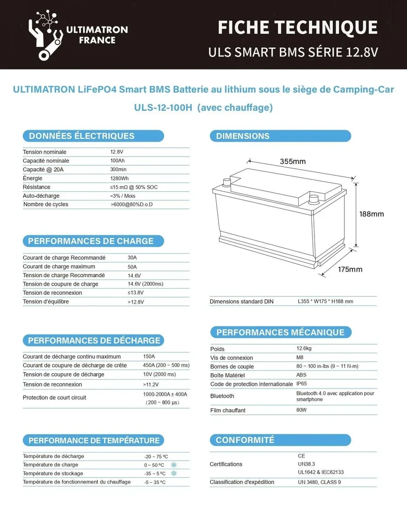 Batterie connectée Lithium LiFePO4 12V 100Ah avec chauffage intégré, série ULS