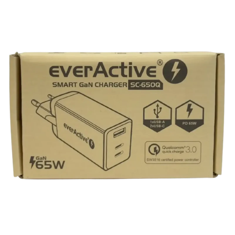Chargeur mural rapide 65W everActive SC-650Q – 2x USB-C PD/PPS + 1x USB QC4+