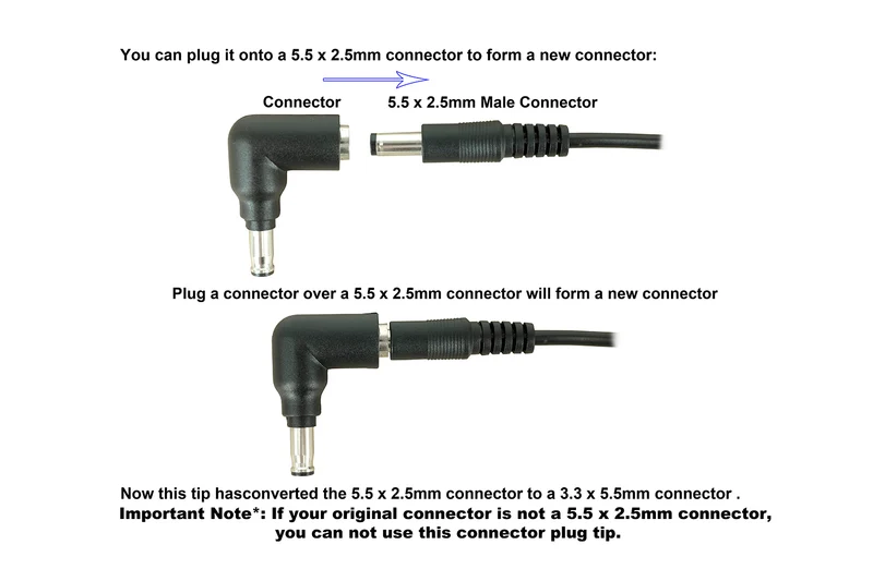 C2 DC-Netzteil-Adapter-Stecker: 5,5 mm x 2,5 mm Buchse auf 5,5 mm x 3,3 mm Stecker mit Mittelstift