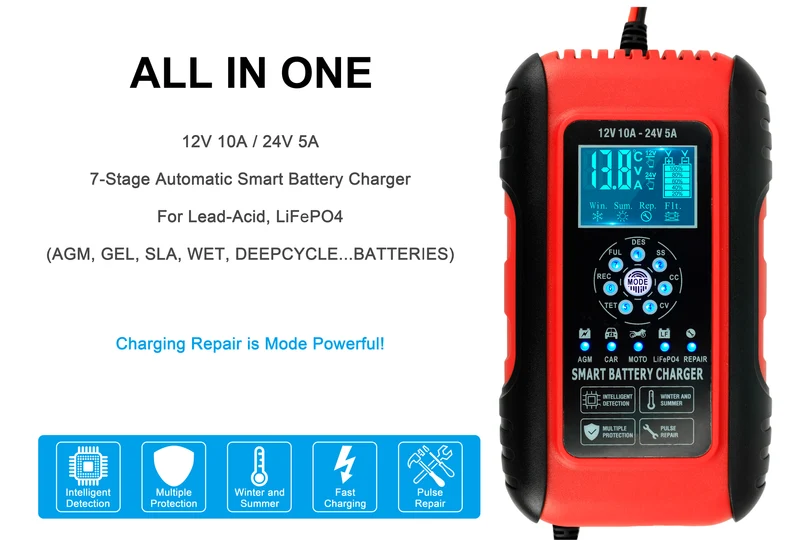 Intelligentes 12V/24V 7-Stufen-Autobatterieladegerät & Impuls-Reparatur-Erhaltungsgerät (12V 10A / 24V 5A)
