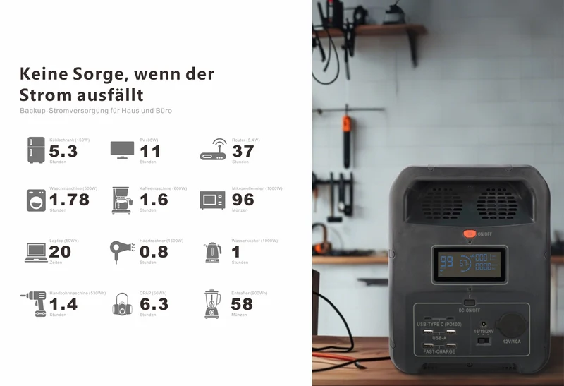 Tragbare 1200-W-Powerstation mit 1152-Wh-LiFePO4-Akku für Camping und Outdoor-Aktivitäten, mit USV-Funktion, Solargenerator für Notstromversorgung