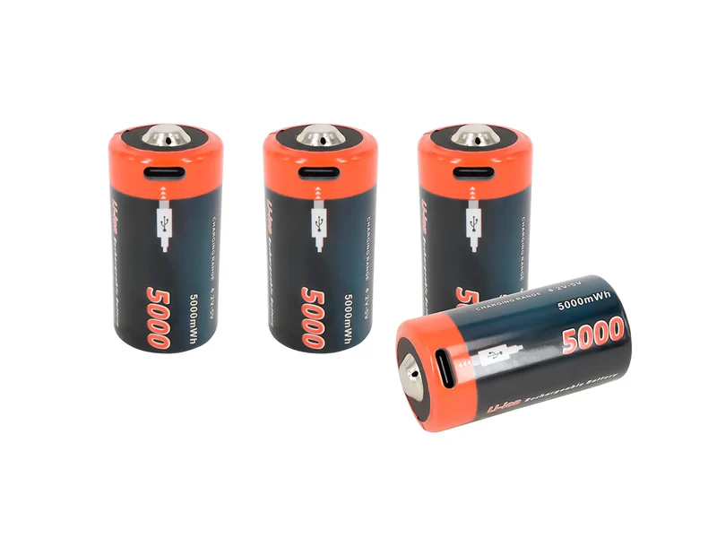 Wiederaufladbare USB-C-Batterien (4er-Pack) | 1,5 V Konstantspannung | 5000 mWh Li-Ion | Passend für LR14 Baby C