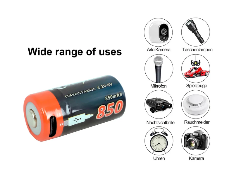 USB CR123 Lithium-Ionen-Akku, 4er-Pack, 3,6 V, 850 mAh, mit Typ-C-Anschluss